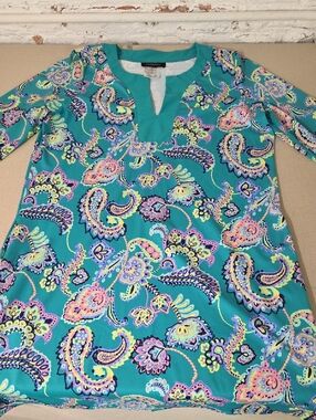 Talbots Teal Paisley Split-V  Swim Cover Up Or Dress Sz Large